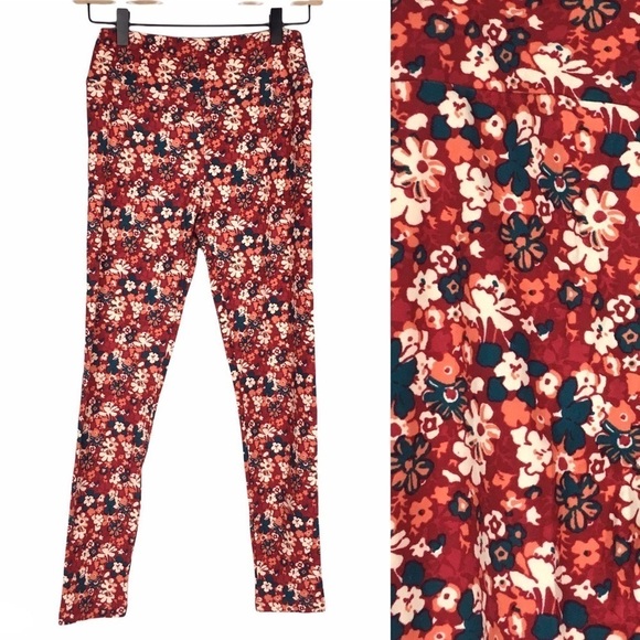 LULAROE Leggings OS One Size Floral Flowers Retro Burgundy Teal White Orange - Picture 1 of 9
